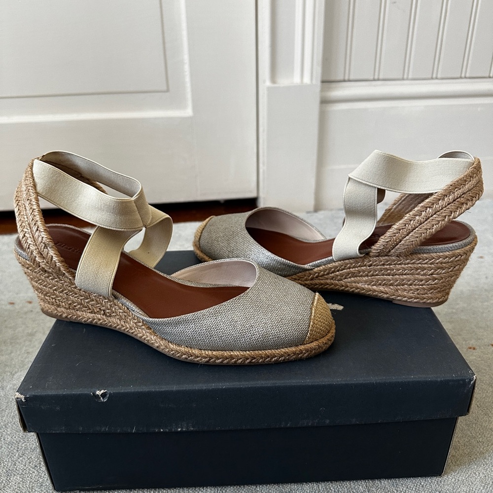 Bernardo Cream and Brown Espadrille Wedges with Ankle Strap